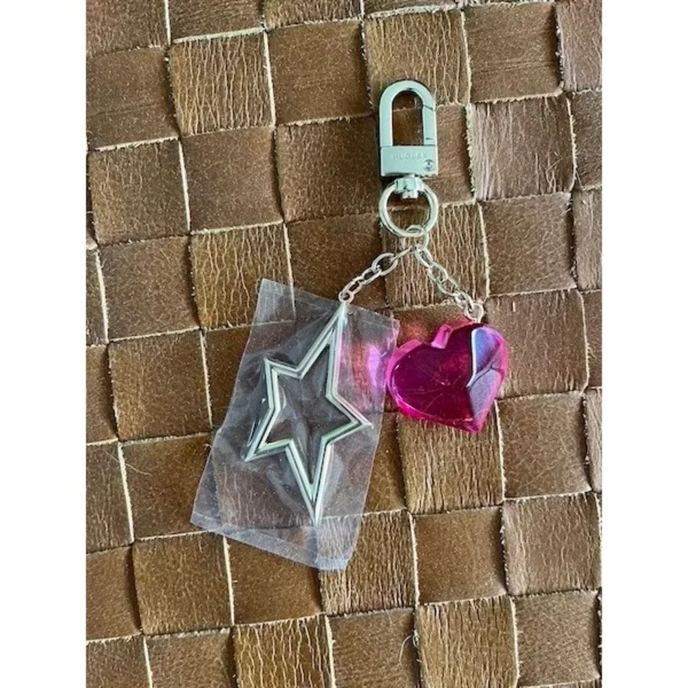 MUGLER Pink Heart and Gold Star Bag Charm Keychain Designer Accessory